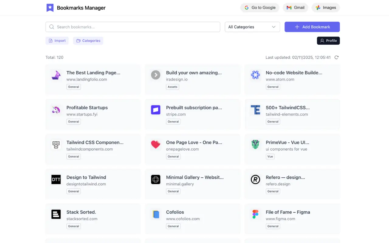 Bookmarks Manager dashboard - organized bookmarks with categories and pinned links